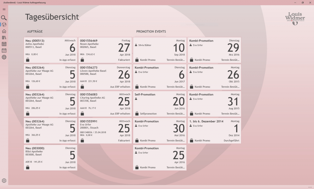 App Template Tagesübersicht der awisto CRM Mobile Branchenlösung Pharma & Kosmetik des Kunden Louis Widmer