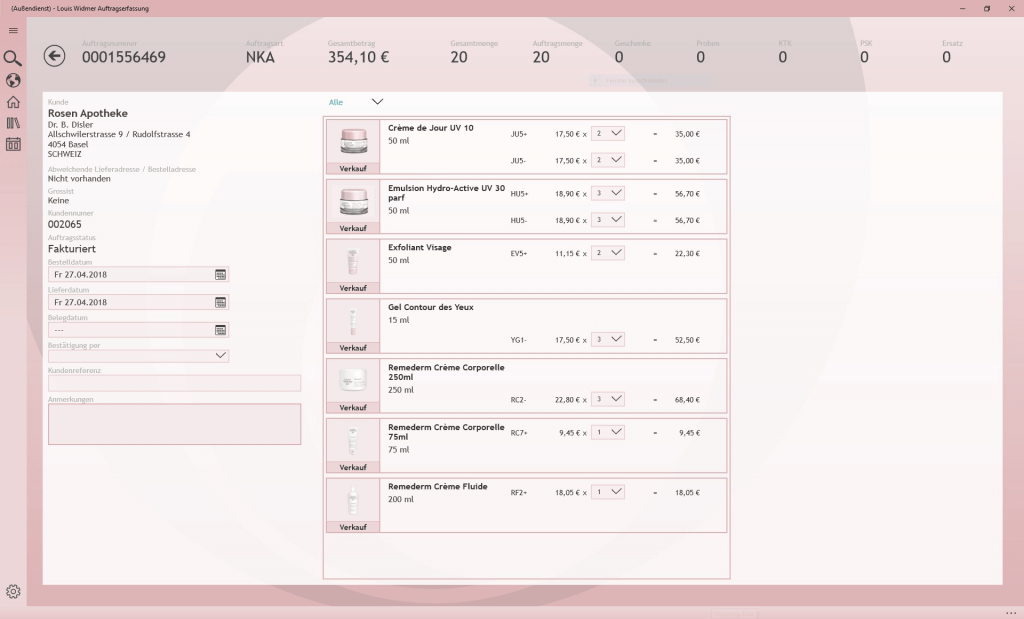 App Template Bestellübersicht der awisto CRM Mobile Branchenlösung Pharma & Kosmetik des Kunden Louis Widmer