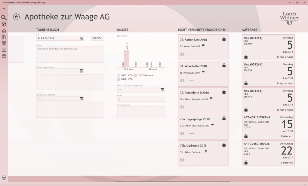 Weiteres App Template Kundenbesuch der awisto CRM Mobile Branchenlösung Pharma & Kosmetik des Kunden Louis Widmer