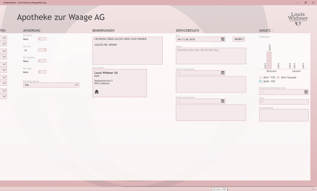 App Template Kundenbesuch der awisto CRM Mobile Branchenlösung Pharma & Kosmetik des Kunden Louis Widmer