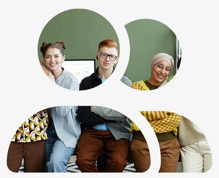 Das Bild zeigt verschiedene Menschen, die zufrieden aussehen. Sie freuen sich auf eine Karriere bei awisto.