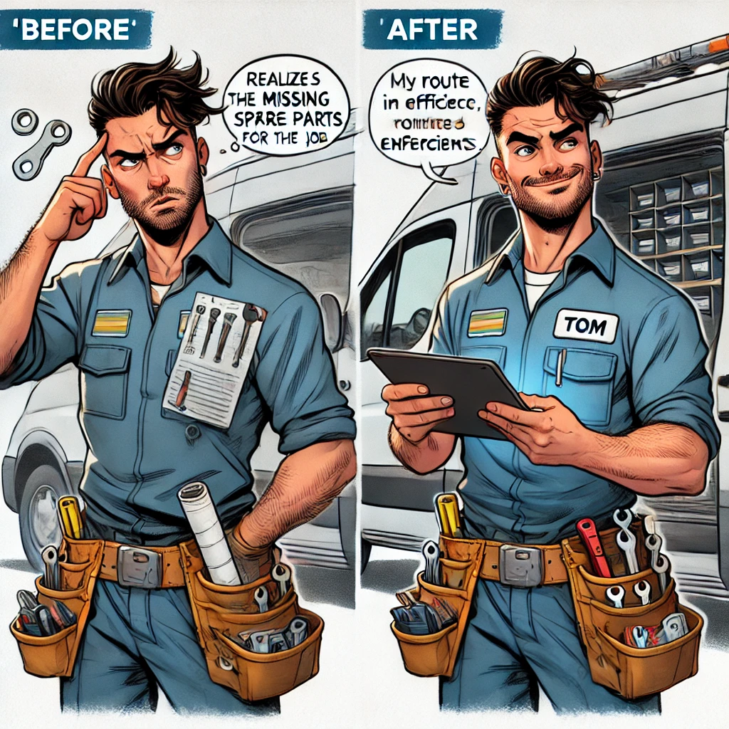 Tom, ein Servicetechniker, dargestellt in einem semi-realistischen Comic-Stil mit starken Linien, ausdrucksstarken Gesichtsausdrücken und voller Farbe. Im Vorher-Nachher-Vergleich: anfangs ist er frustriert, weil Teile fehlen und er nicht richtig vorbereitet ist, danach mit seinem CRM im Tablet hat er alle nötigen Serviceanforderungen auf einem Blick, das Arbeiten macht ihm wieder Spaß