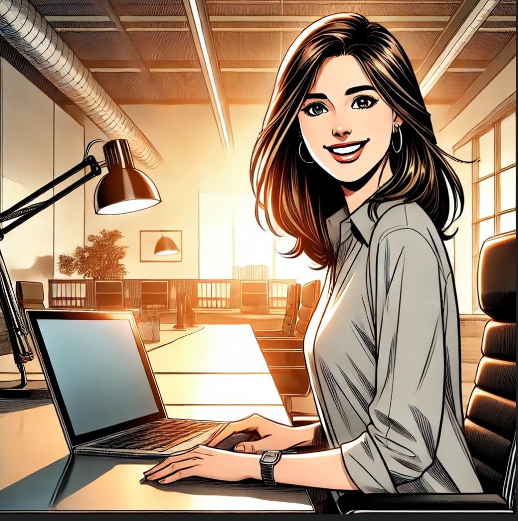 Sophie Customer Service Sophie, eine professionelle Customer Service Leiterin, wird in einem semi-realistischen Comic-Stil mit starken Linien, ausdrucksstarkem Gesichtsausdruck an ihrem Schreibtisch mit Laptop in entspannter Atmosphäre dargestellt