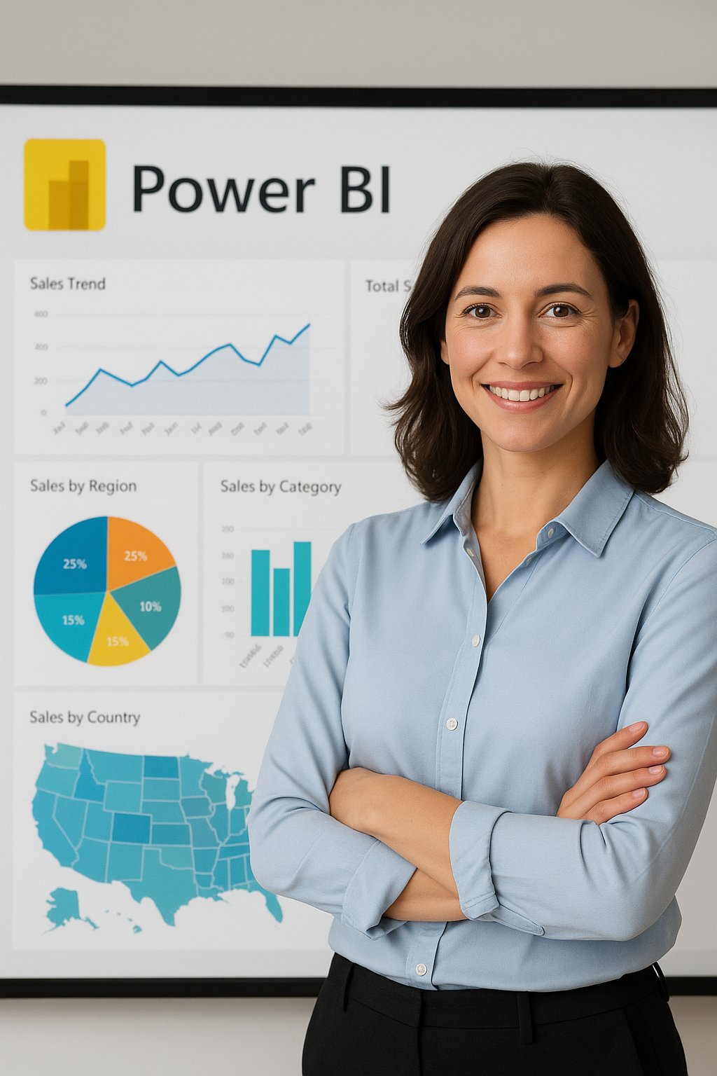 Freundliche, braunhaarige Businessfrau steht entspannt vor Power BI Datenüberblick