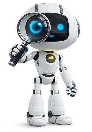 Roboter schaut durch Lupe für unser Menü oder Navigaton